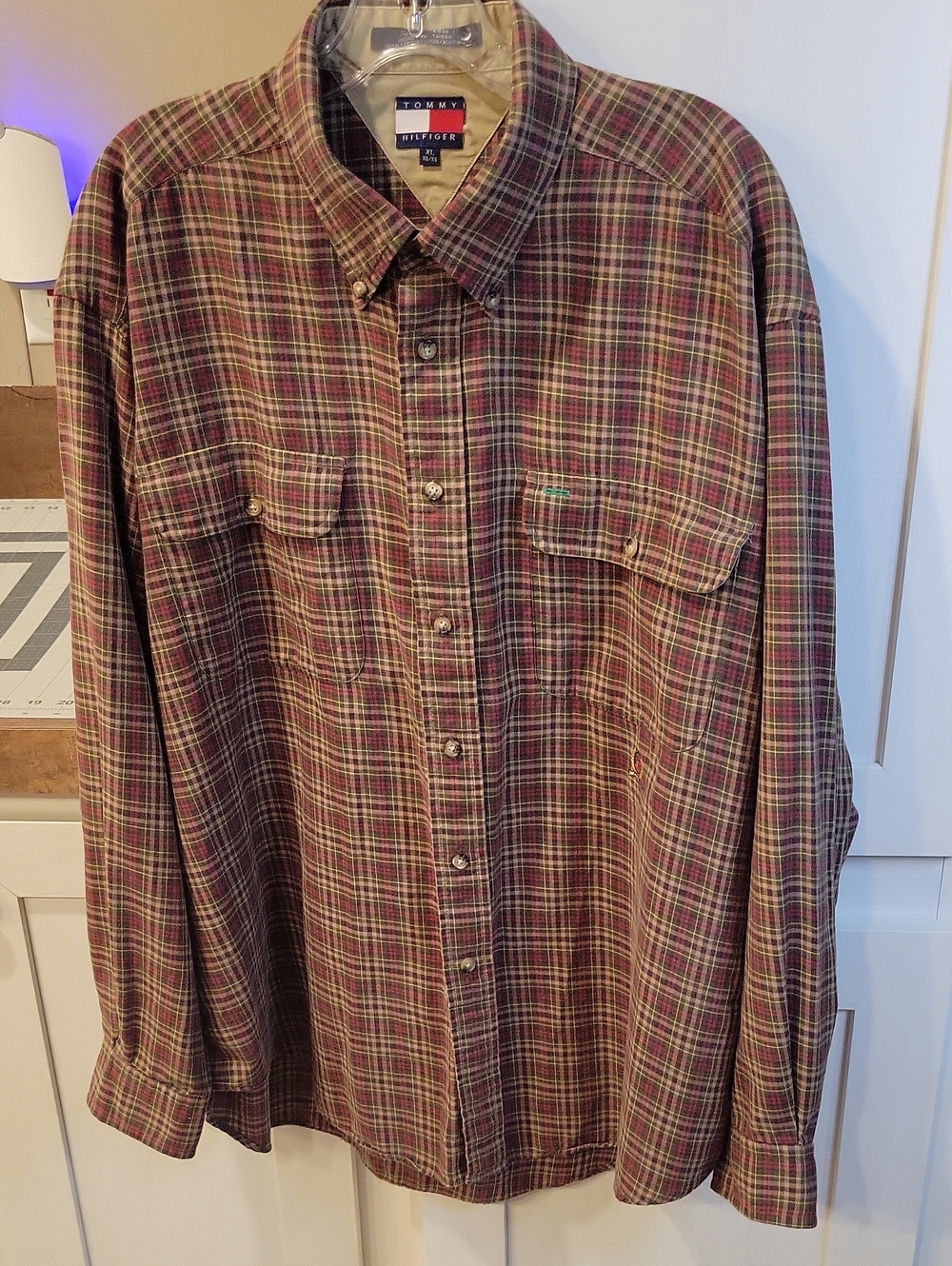Tommy Hilfiger Men's Burgundy and Green Plaid Button-Down Shirt